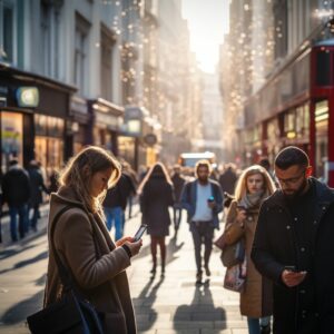 Image of people on the street looking at their phone